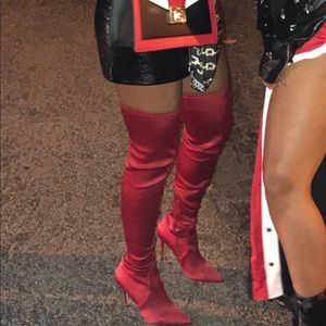 Red satin over the knee boots